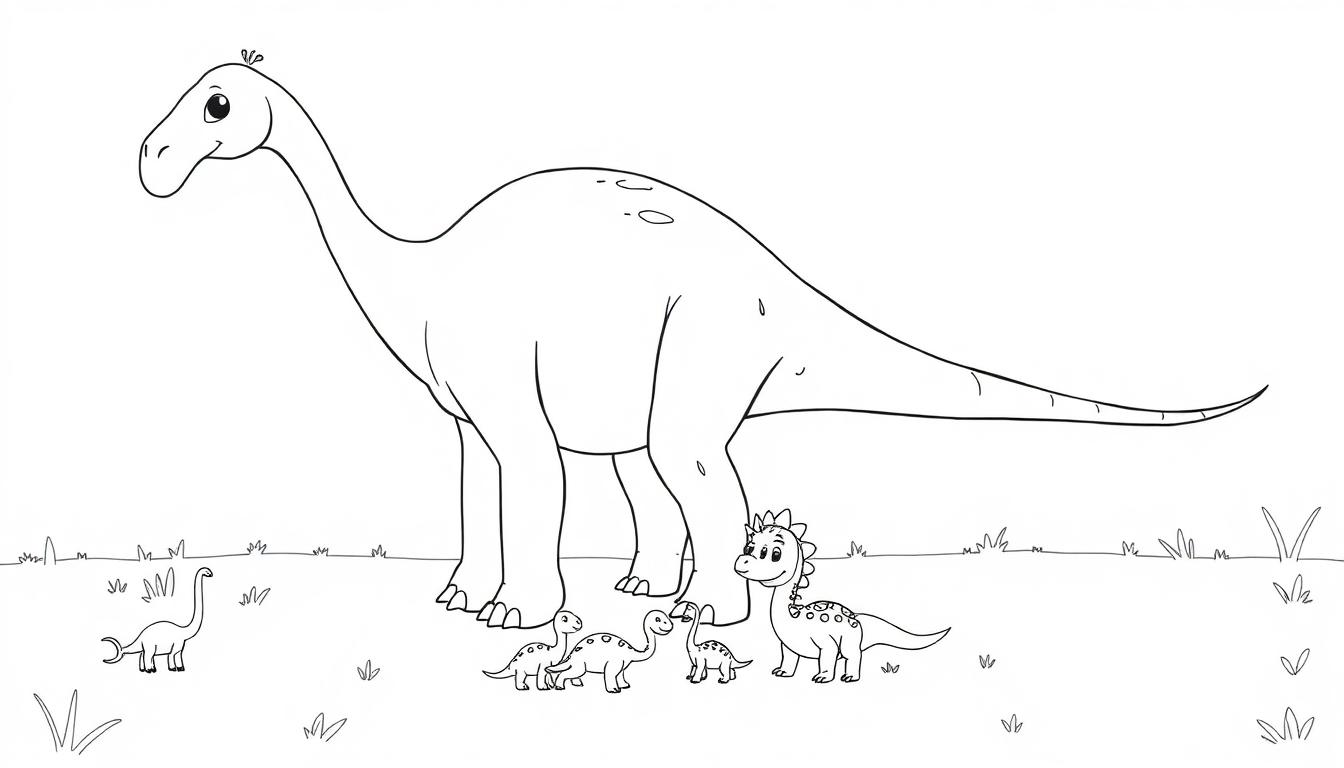 Eine Schwarz-Weiß-Farbtafel-Zeichnung eines freundlichen Brachiosaurus mit einem langen Hals und Schwanz, der auf einer Wiese mit kleineren Dinosauriern steht.