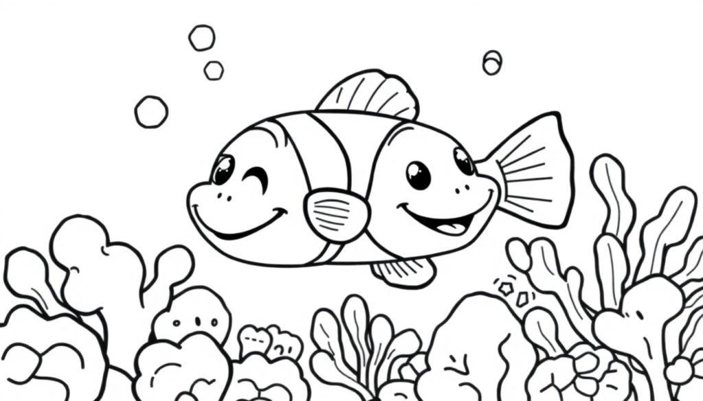 Schwarz-weiße Farbtafel eines Cartoon-Doppelkopf-Fisches mit lächelnden Gesichtern, der in einer Korallenlandschaft aufsteigt.