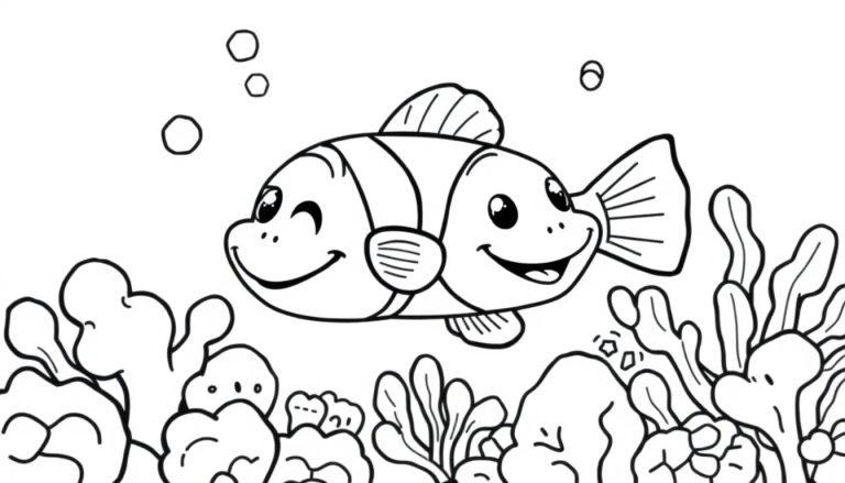 Schwarz-weiße Farbtafel eines Cartoon-Doppelkopf-Fisches mit lächelnden Gesichtern, der in einer Korallenlandschaft aufsteigt.