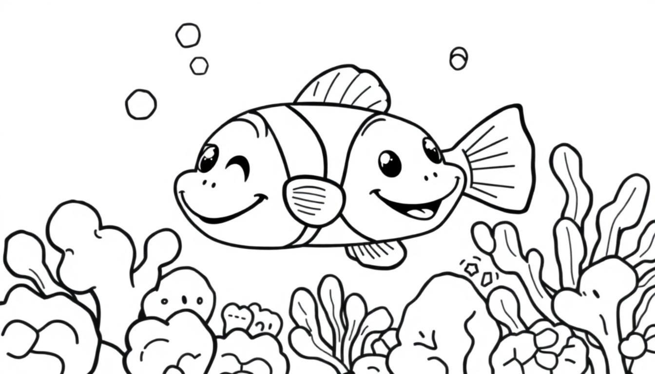 Schwarz-weiße Farbtafel eines Cartoon-Doppelkopf-Fisches mit lächelnden Gesichtern, der in einer Korallenlandschaft aufsteigt.