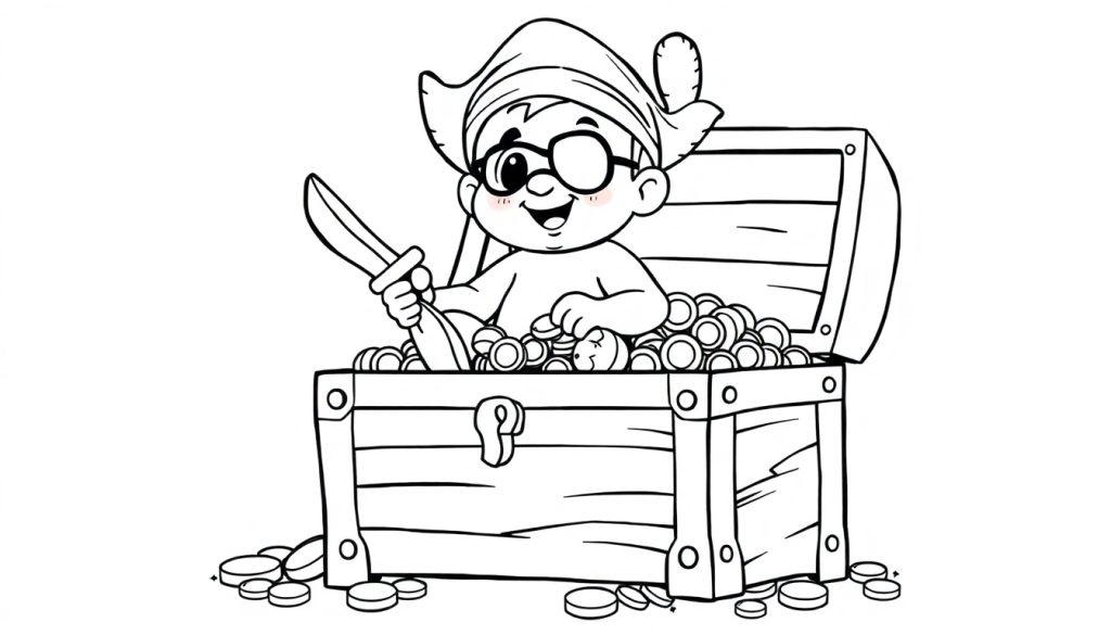 Ein süßes Piratenbaby sitzt auf einer Schatztruhe, gefüllt mit Münzen. Eine Schwarz-Weiß-Farbtafel-Vorlage für Kinder.