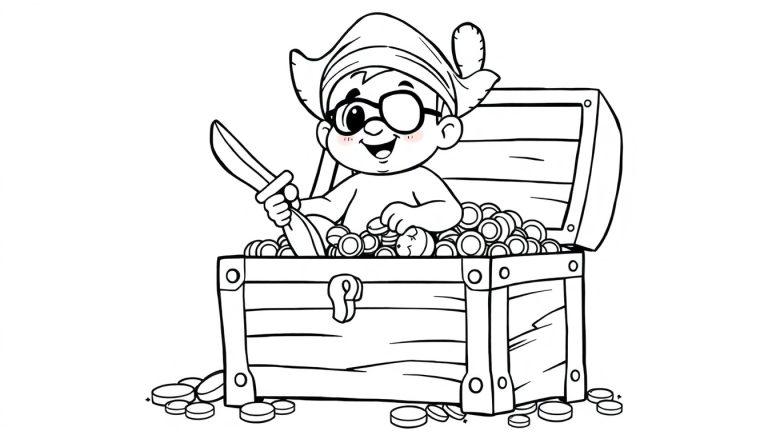 Ein süßes Piratenbaby sitzt auf einer Schatztruhe, gefüllt mit Münzen. Eine Schwarz-Weiß-Farbtafel-Vorlage für Kinder.