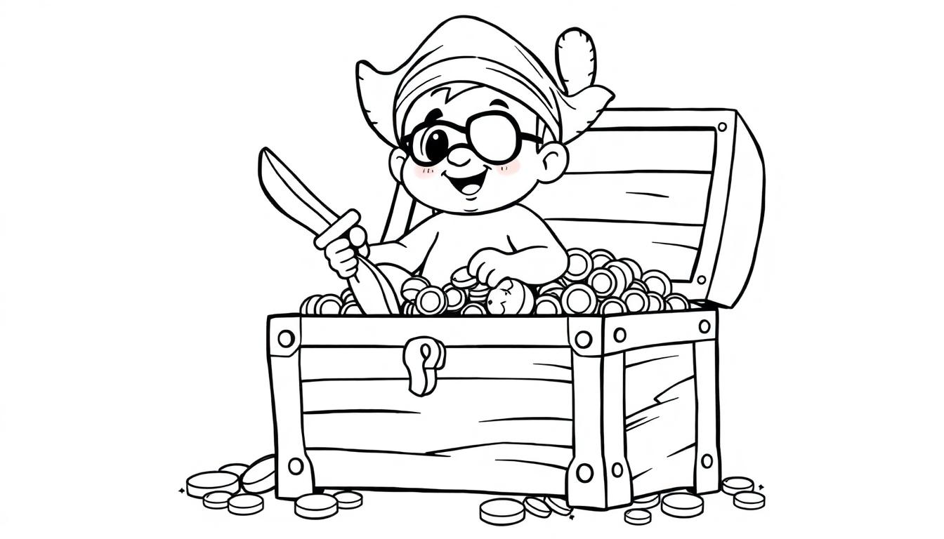 Ein süßes Piratenbaby sitzt auf einer Schatztruhe, gefüllt mit Münzen. Eine Schwarz-Weiß-Farbtafel-Vorlage für Kinder.