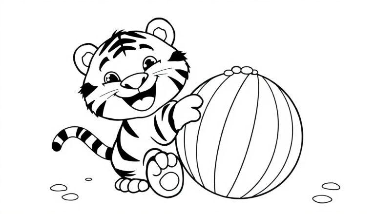 Schwarz-Weiß-Farbtafel-Illustration eines süßen Baby-Tigers, der mit einem Ball spielt.