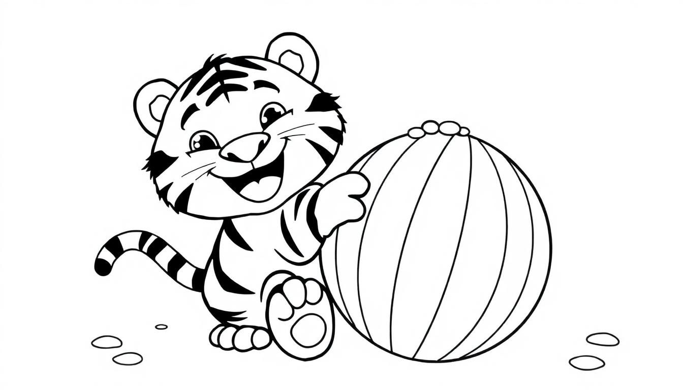 Schwarz-Weiß-Farbtafel-Illustration eines süßen Baby-Tigers, der mit einem Ball spielt.