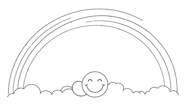 Schwarz-weiße Farbtafel eines lächelnden Regenbogens mit Wolken.