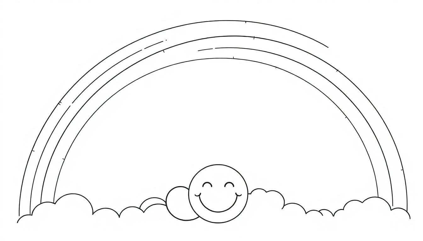 Schwarz-weiße Farbtafel eines lächelnden Regenbogens mit Wolken.