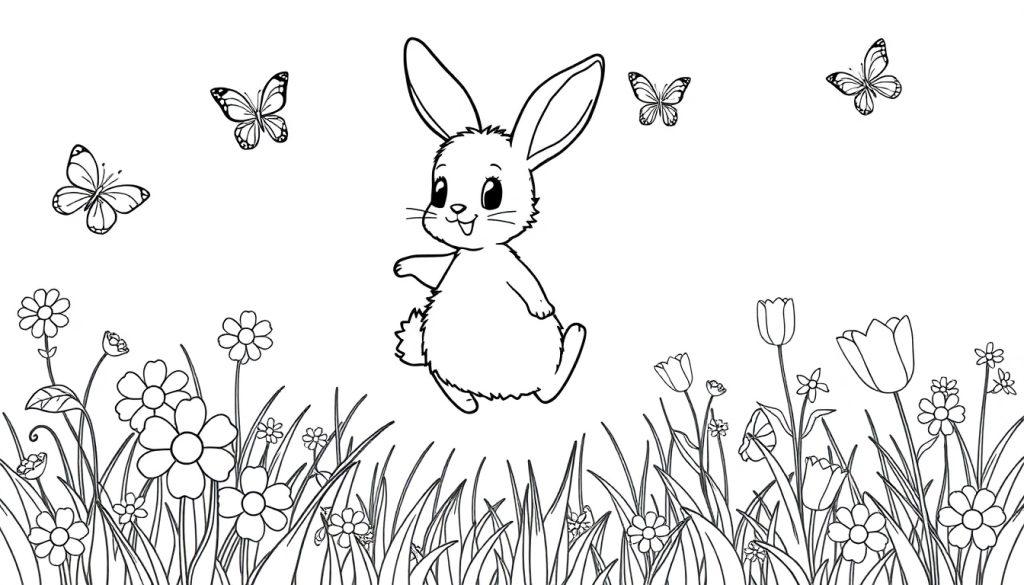 Schwarz-weiß Cartoon-Farbtafel eines niedlichen Hasen, der auf einer Blumenwiese hoppelt.