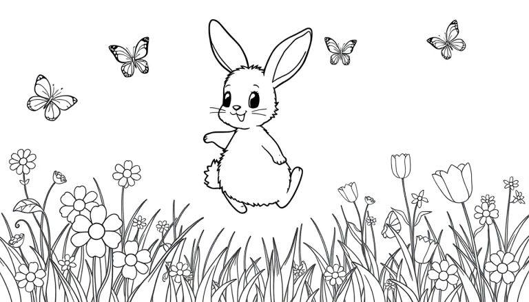 Schwarz-weiß Cartoon-Farbtafel eines niedlichen Hasen, der auf einer Blumenwiese hoppelt.