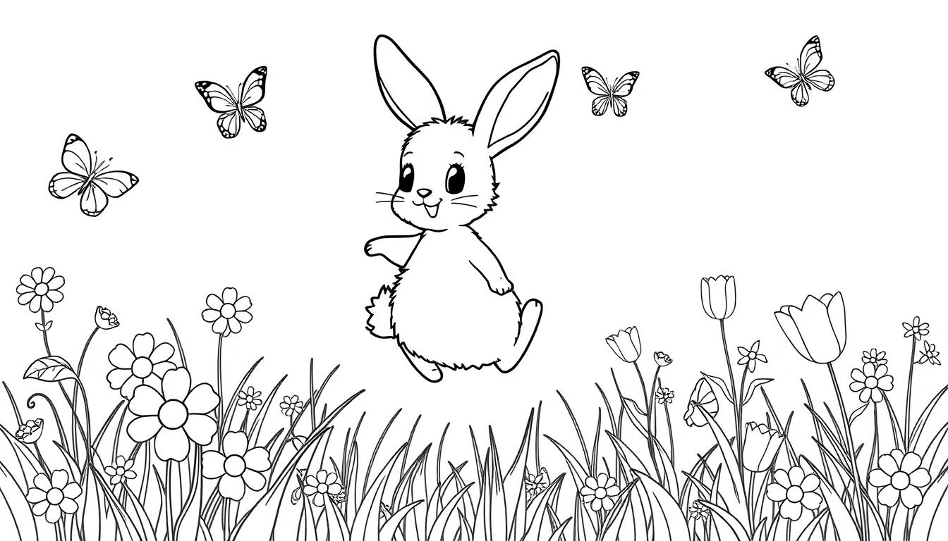 Schwarz-weiß Cartoon-Farbtafel eines niedlichen Hasen, der auf einer Blumenwiese hoppelt.