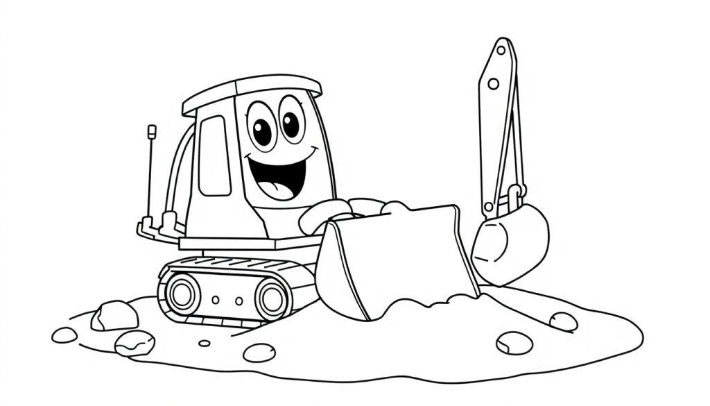Ein fröhlicher Cartoon-Bagger mit einem großen Lächeln, bereit zum Spielen auf einer Sandgrube, als Malvorlage für eine Farbtafel.
