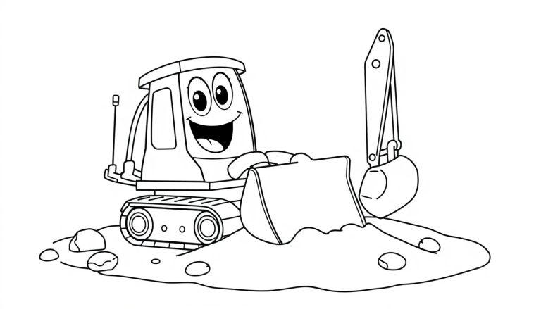 Ein fröhlicher Cartoon-Bagger mit einem großen Lächeln, bereit zum Spielen auf einer Sandgrube, als Malvorlage für eine Farbtafel.
