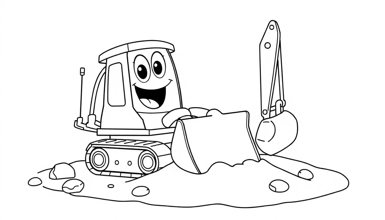 Ein fröhlicher Cartoon-Bagger mit einem großen Lächeln, bereit zum Spielen auf einer Sandgrube, als Malvorlage für eine Farbtafel.