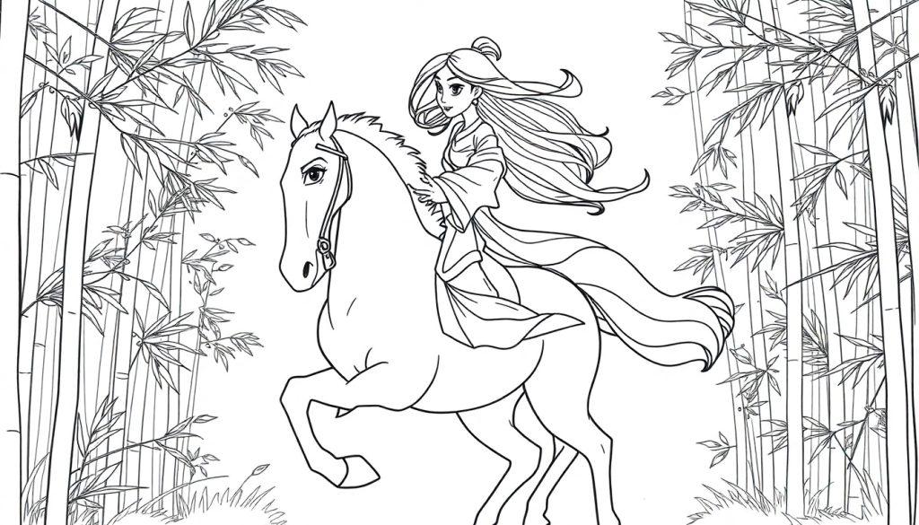 Eine Schwarzweiß-Farbtafel: Mulan reitet auf Khan durch einen Bambuswald.