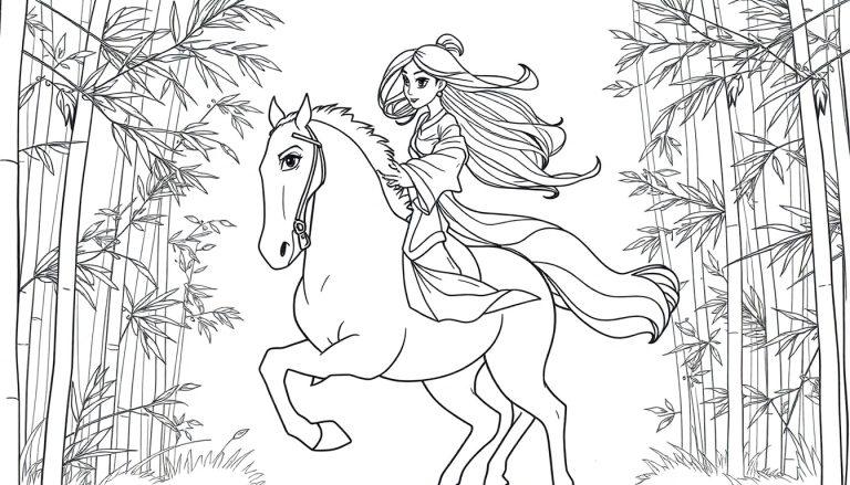 Eine Schwarzweiß-Farbtafel: Mulan reitet auf Khan durch einen Bambuswald.