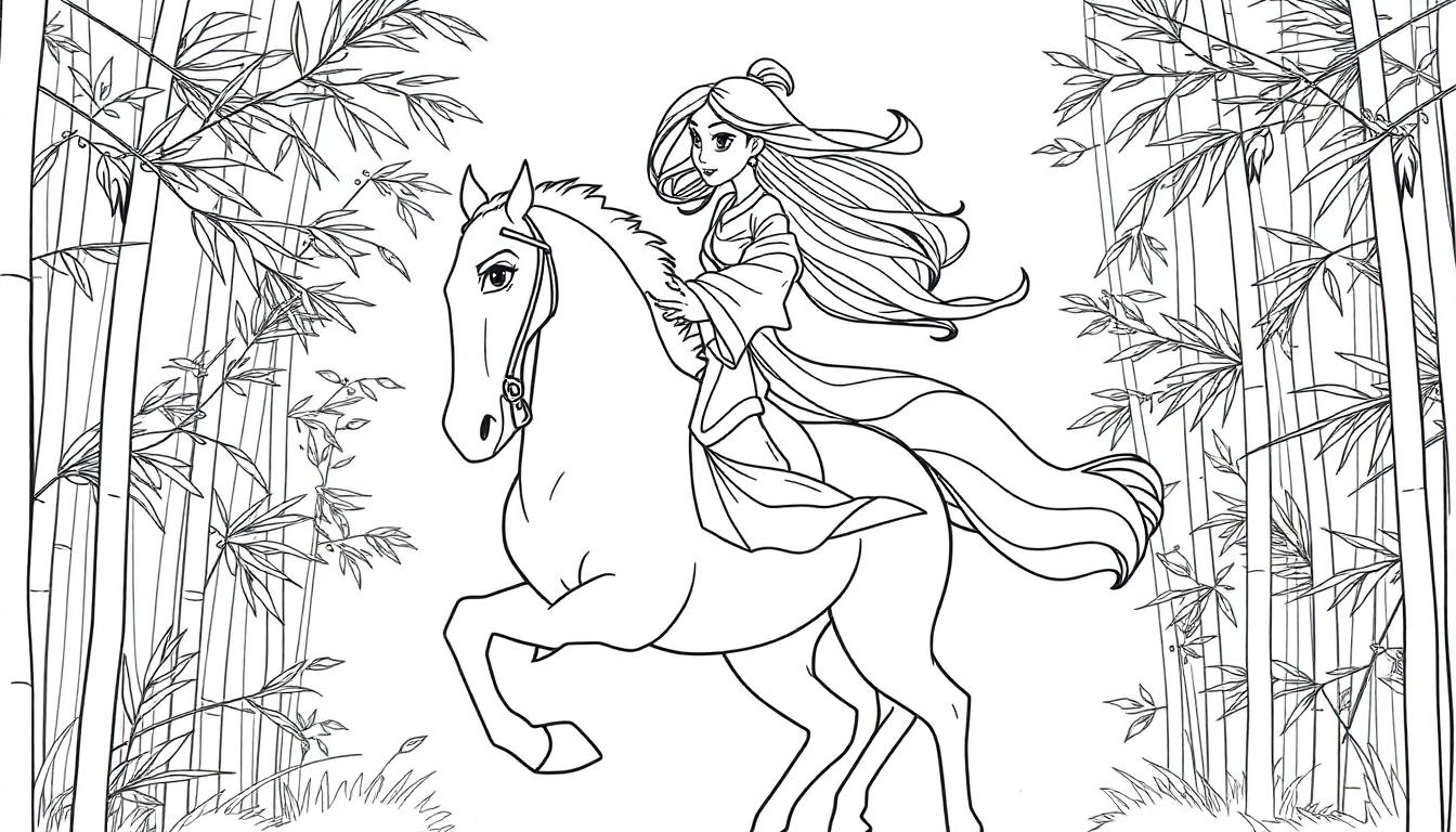 Eine Schwarzweiß-Farbtafel: Mulan reitet auf Khan durch einen Bambuswald.
