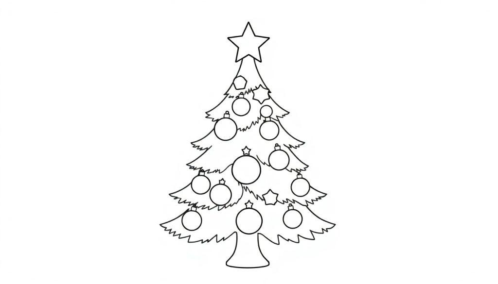 Schwarz-weißer Weihnachtsbaum mit Sternen und Kugeln zum Ausmalen, eine Farbtafel für Kinder.