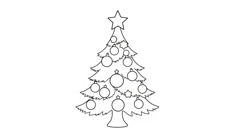 Schwarz-weißer Weihnachtsbaum mit Sternen und Kugeln zum Ausmalen, eine Farbtafel für Kinder.