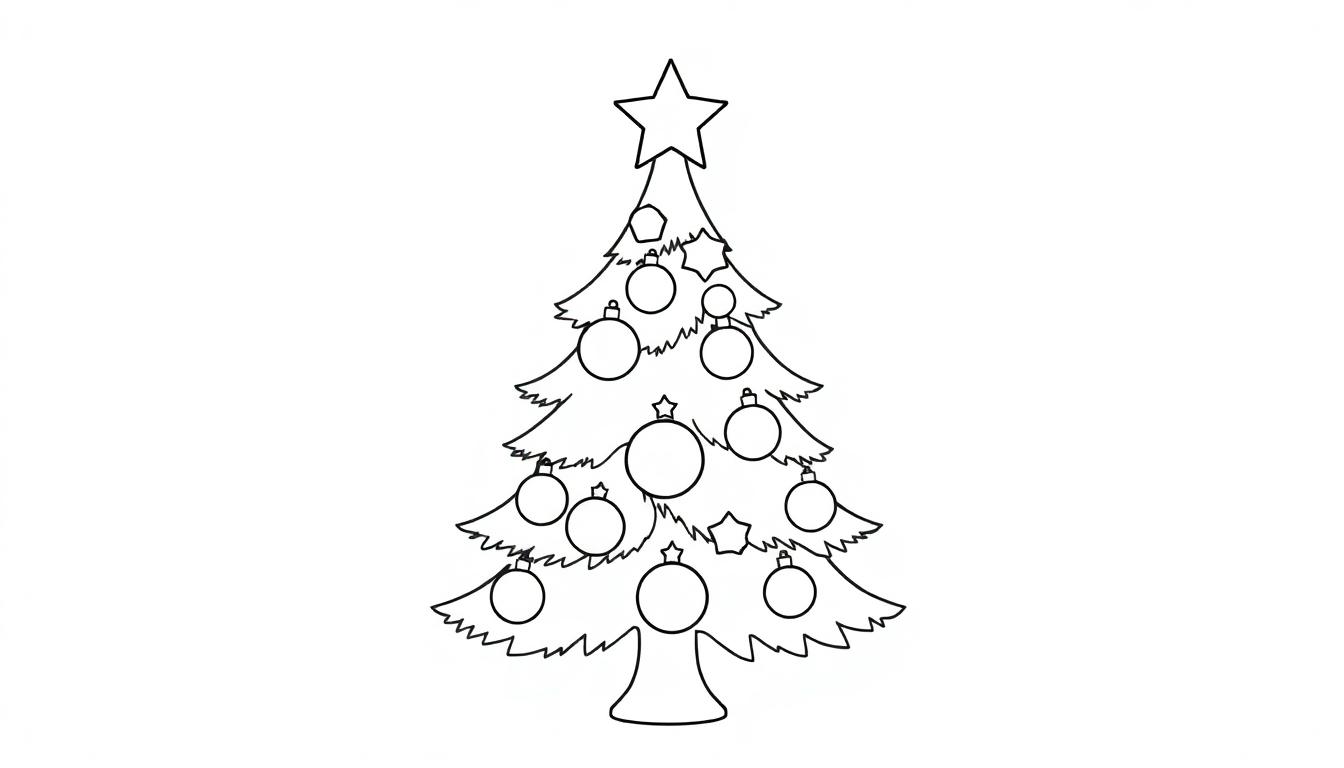 Schwarz-weißer Weihnachtsbaum mit Sternen und Kugeln zum Ausmalen, eine Farbtafel für Kinder.