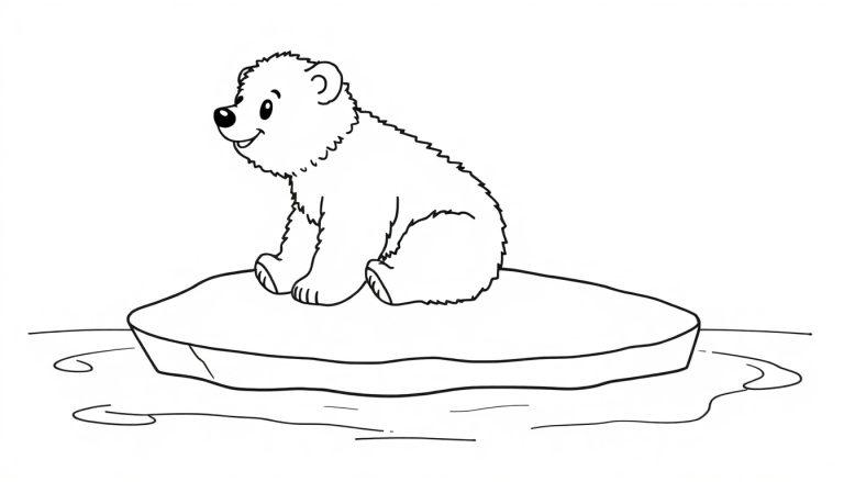 Niedlicher Cartoon-Eisbär auf einer Eisscholle, bereit zum Ausmalen als Farbtafel.