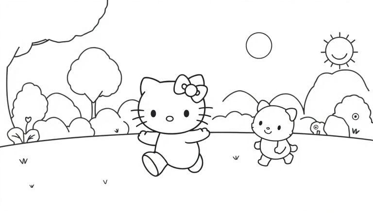 Hello Kitty Farbtafel rennt mit einem Teddybär-Freund im Freien.
