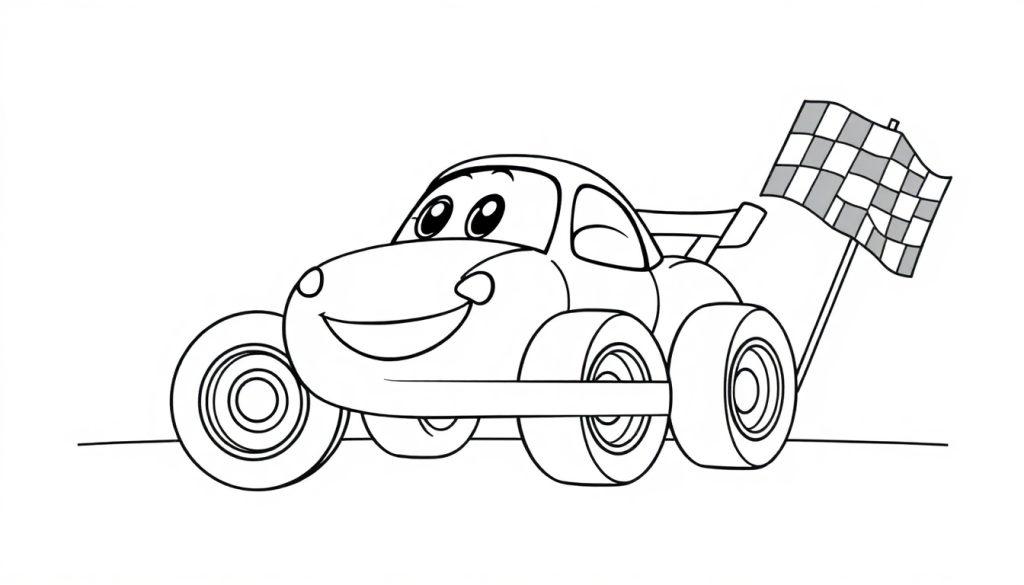 Eine Schwarzweiß-Farbtafel eines lächelnden Cartoon-Rennwagens mit großen Rädern und einer Zielflagge.