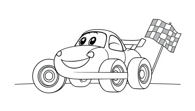 Eine Schwarzweiß-Farbtafel eines lächelnden Cartoon-Rennwagens mit großen Rädern und einer Zielflagge.