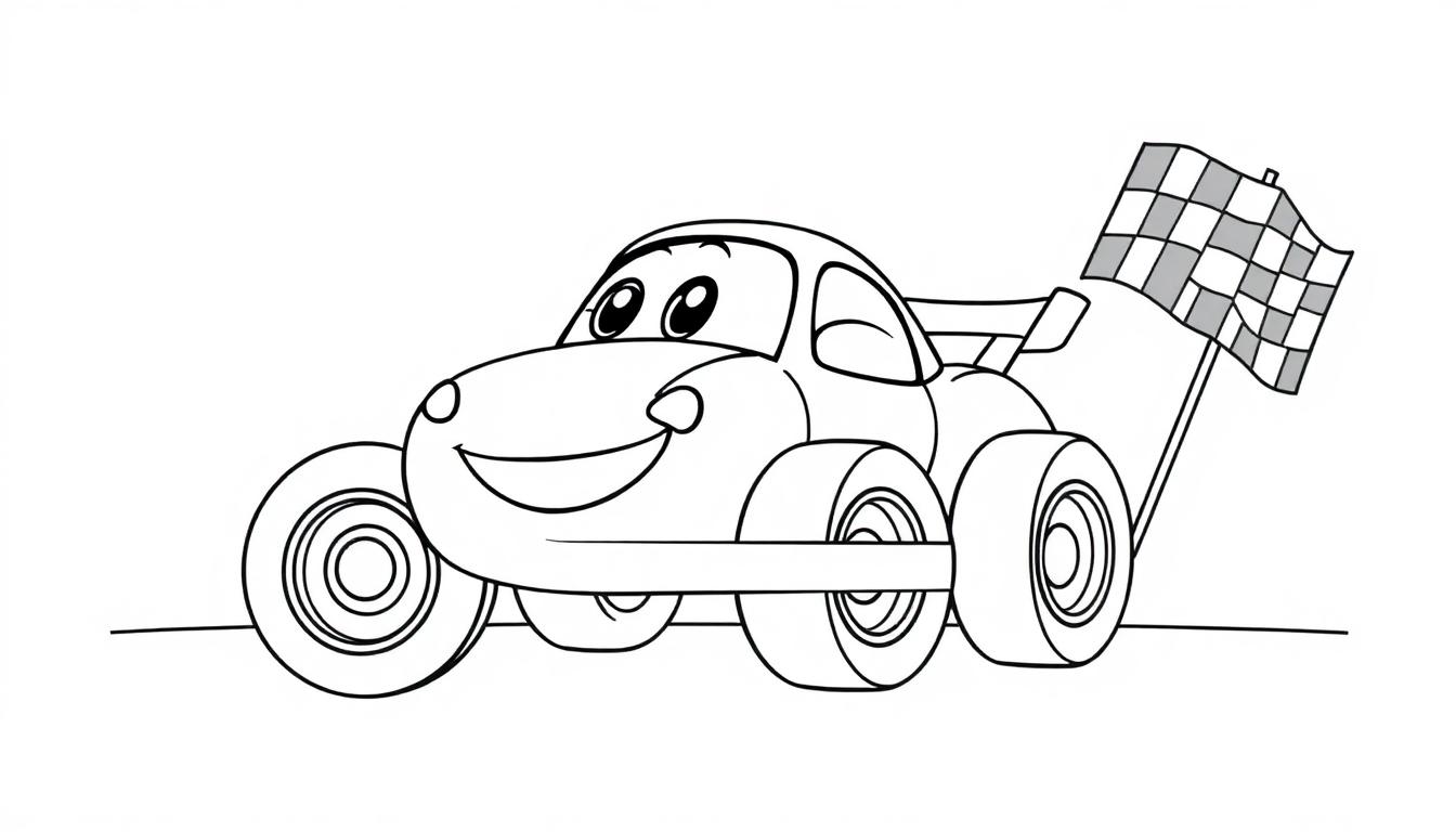 Eine Schwarzweiß-Farbtafel eines lächelnden Cartoon-Rennwagens mit großen Rädern und einer Zielflagge.
