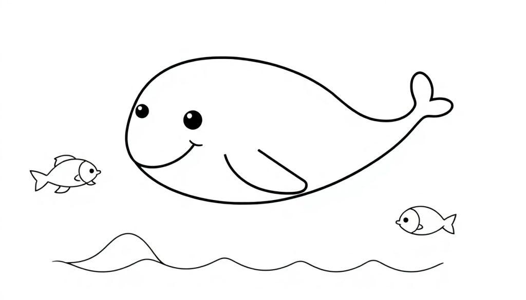 Eine Schwarz-Weiß-Farbtafel eines freundlichen Cartoon-Wals mit zwei kleinen Fischen und Wellen.