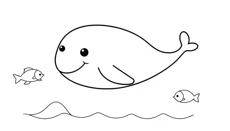 Eine Schwarz-Weiß-Farbtafel eines freundlichen Cartoon-Wals mit zwei kleinen Fischen und Wellen.