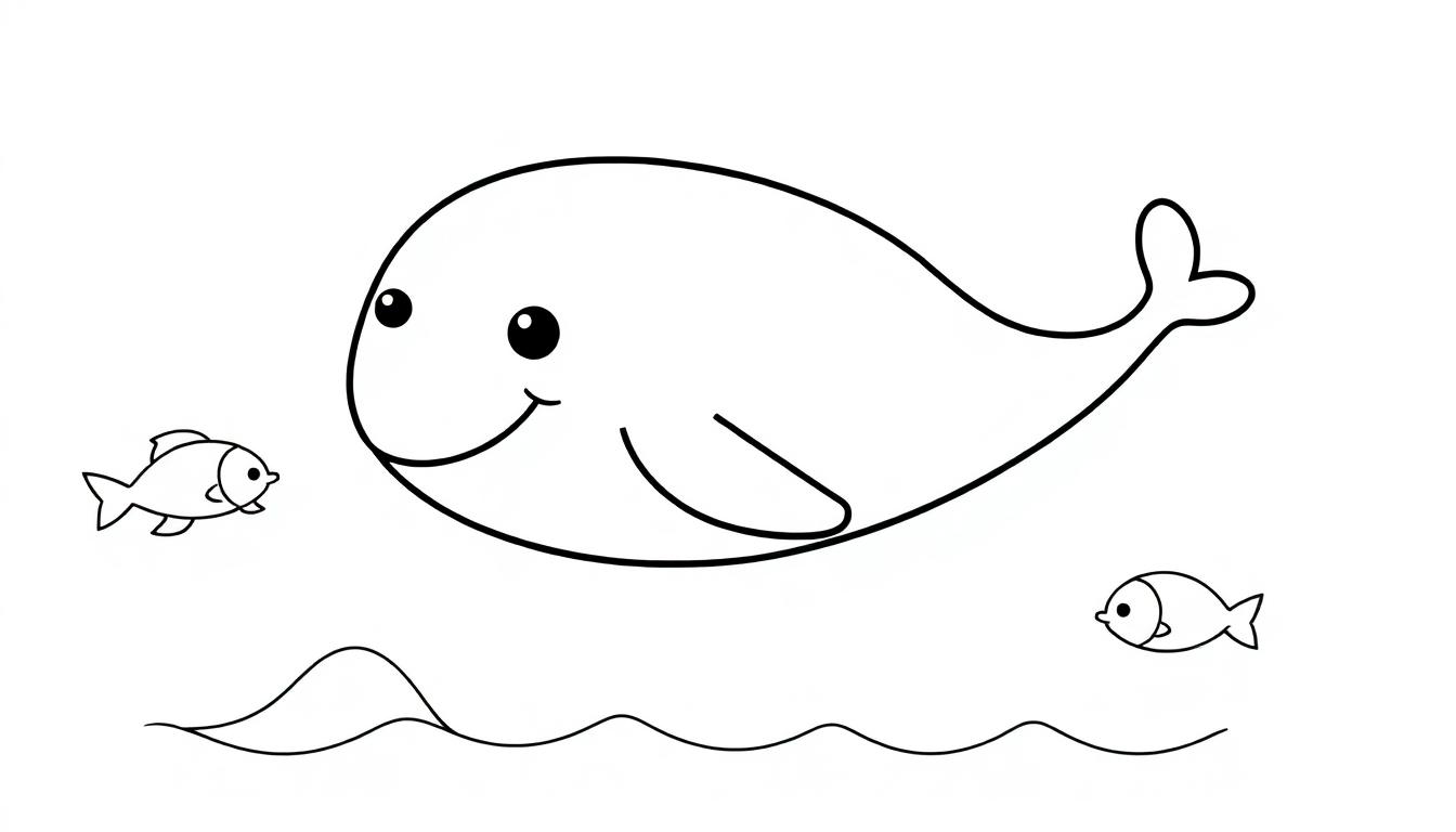 Eine Schwarz-Weiß-Farbtafel eines freundlichen Cartoon-Wals mit zwei kleinen Fischen und Wellen.