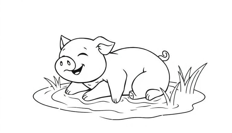 Schwarz-Weiß-Farbtafel: Ein fröhliches Schwein sitzt im Schlamm mit geschlossenen Augen und einem breiten Grinsen, sein geringeltes Schwänzchen ist zu sehen.