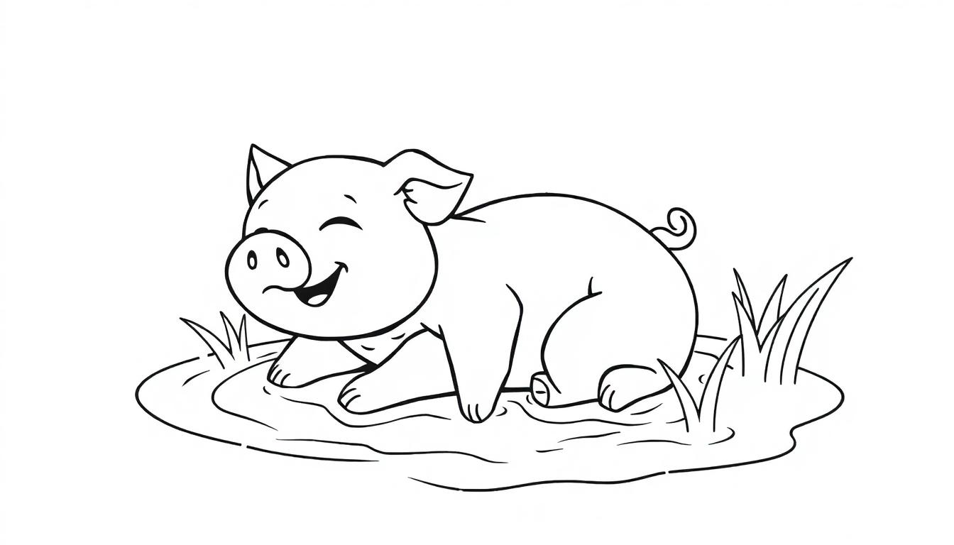 Schwarz-Weiß-Farbtafel: Ein fröhliches Schwein sitzt im Schlamm mit geschlossenen Augen und einem breiten Grinsen, sein geringeltes Schwänzchen ist zu sehen.
