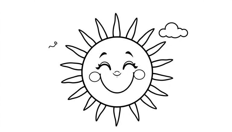 Schwarz-weiße Farbtafel einer fröhlichen Cartoon-Sonne mit geschlossenen Augen und einem Lächeln, bereit zum Ausmalen, mit ein paar Strahlen und einer kleinen Wolke daneben.
