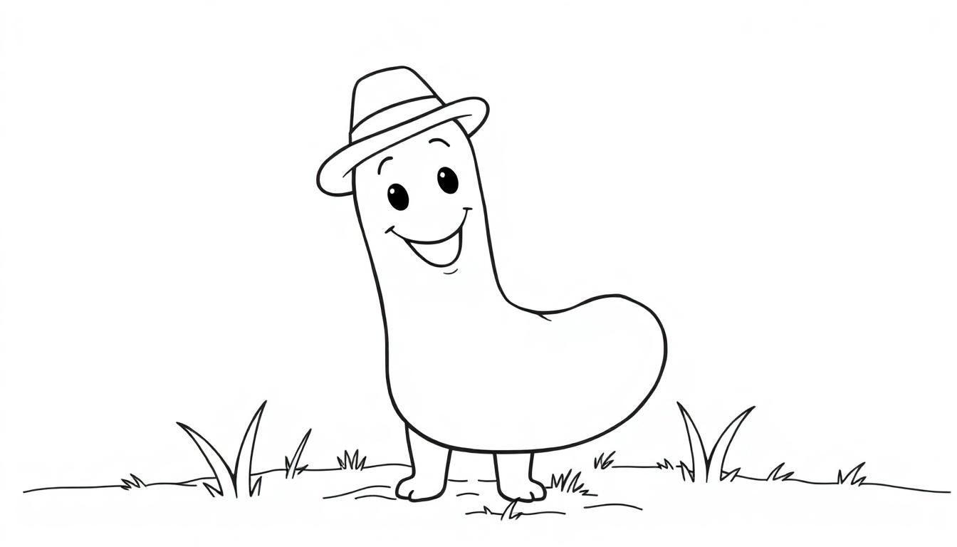 Eine gezeichnete Figur, die wie eine freundliche kleine Wurst mit Hut aussieht und auf einer Wiese steht.