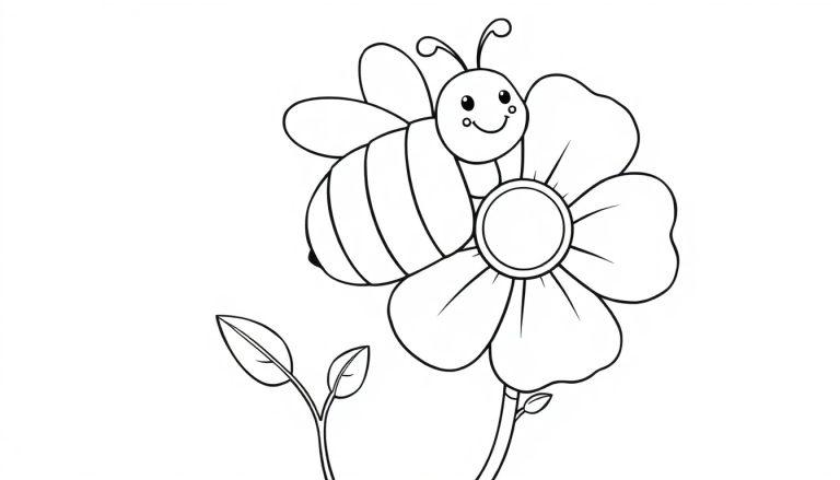 Eine lächelnde Biene auf einer Blume, bereit zum Ausmalen – eine Farbtafel für Kinder.