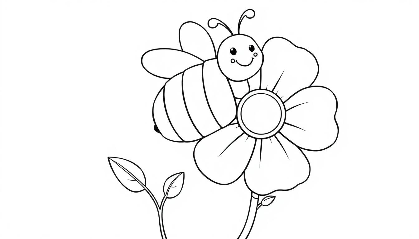 Eine lächelnde Biene auf einer Blume, bereit zum Ausmalen – eine Farbtafel für Kinder.