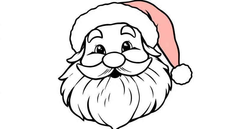Ein fröhliches Weihnachtsmann-Gesicht mit einem langen Bart und einer Weihnachtsmütze, bereit zum Ausmalen als Farbtafel.