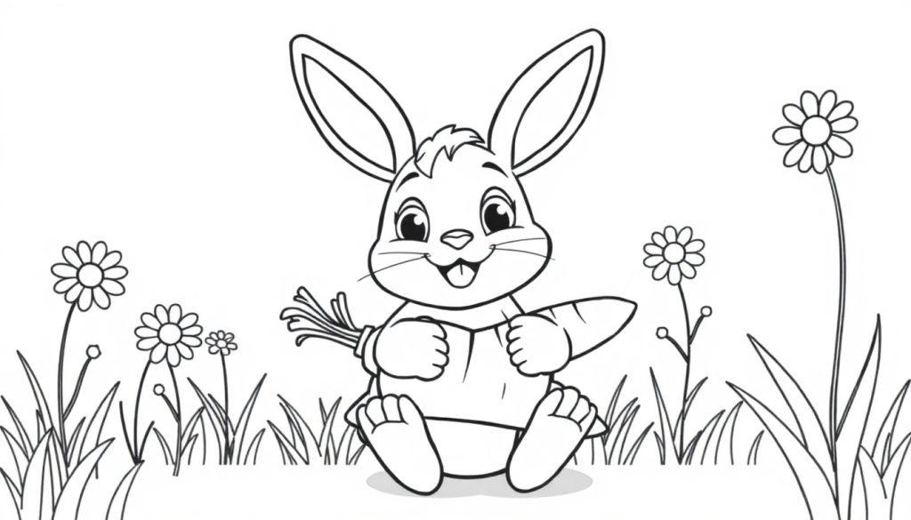 Eine schwarz-weiße Farbtafel eines Cartoon-Hasen, der auf einer Wiese mit Gänseblümchen sitzt und eine Karotte hält.