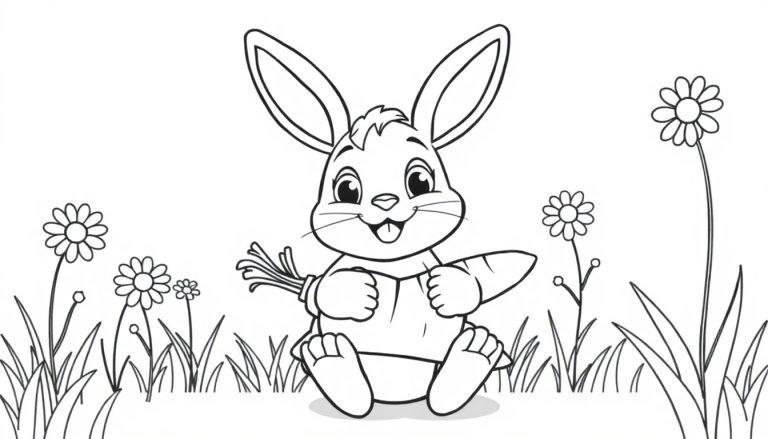 Eine schwarz-weiße Farbtafel eines Cartoon-Hasen, der auf einer Wiese mit Gänseblümchen sitzt und eine Karotte hält.
