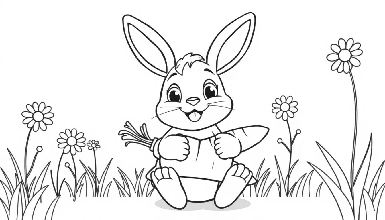 Eine schwarz-weiße Farbtafel eines Cartoon-Hasen, der auf einer Wiese mit Gänseblümchen sitzt und eine Karotte hält.