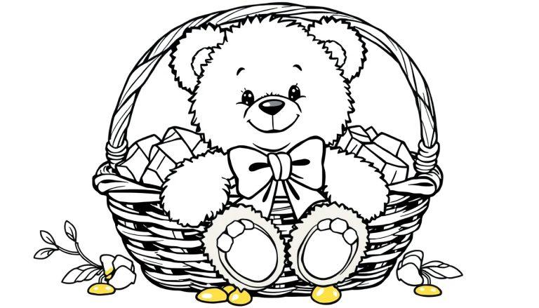 Teddybär mit Schleife und Honigwaben in einem Korb, bereit zum Ausmalen, mit gelben Akzenten – eine Farbtafel für Kinder.