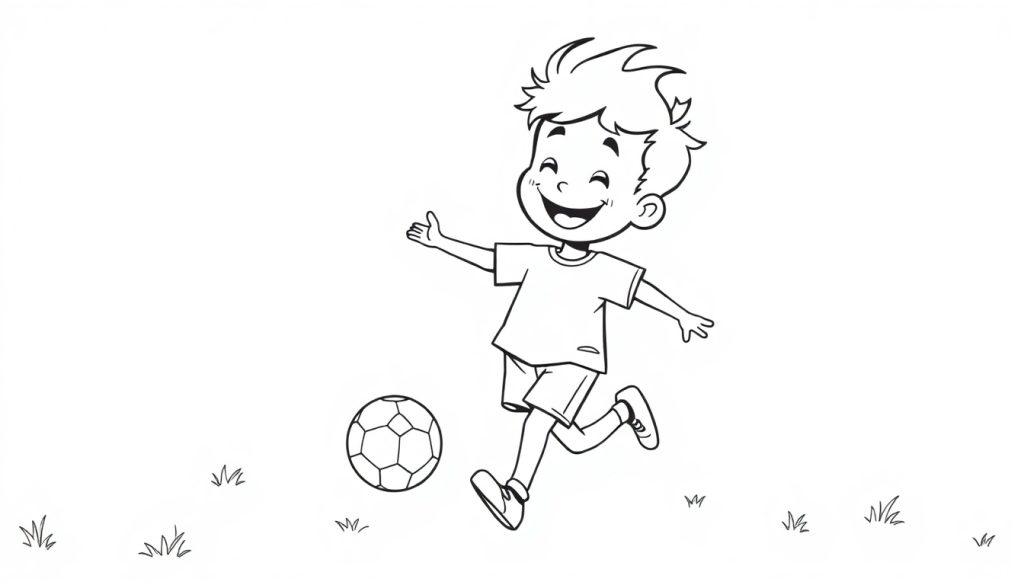 Schwarz-weiß Farbtafel-Illustration eines fröhlichen Jungen, der mit ausgestreckten Armen einen Fußball kickt.