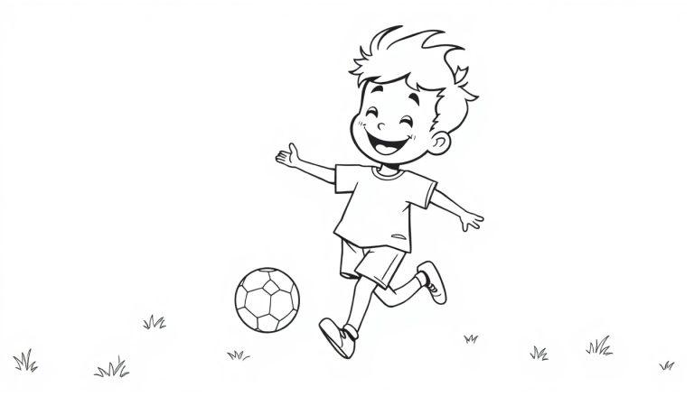 Schwarz-weiß Farbtafel-Illustration eines fröhlichen Jungen, der mit ausgestreckten Armen einen Fußball kickt.