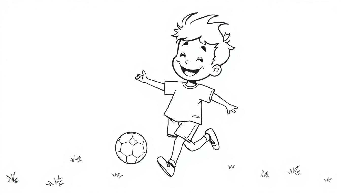 Schwarz-weiß Farbtafel-Illustration eines fröhlichen Jungen, der mit ausgestreckten Armen einen Fußball kickt.