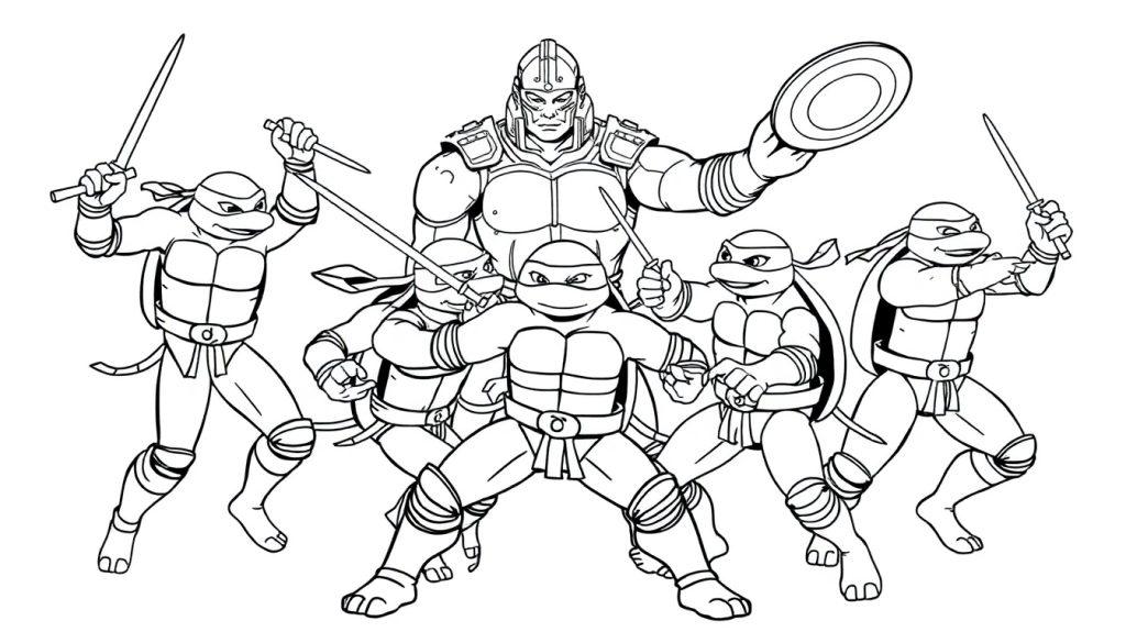 Eine Farbtafel der Teenage Mutant Ninja Turtles, die gegen Shredder kämpfen.
