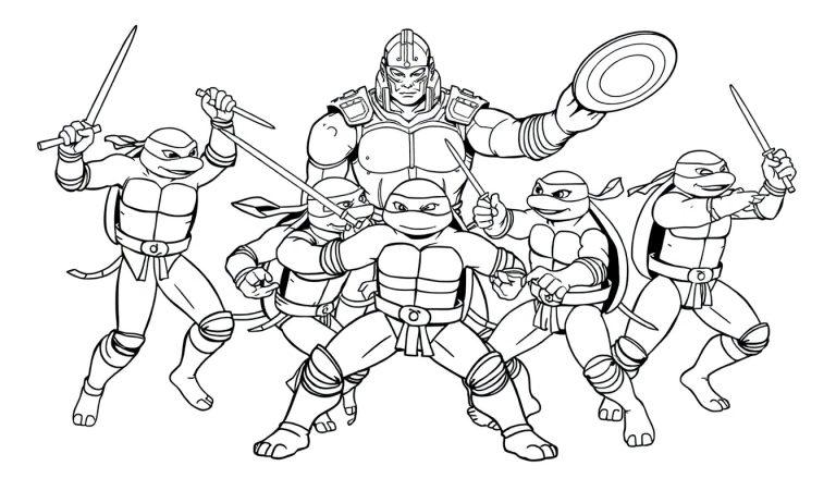 Eine Farbtafel der Teenage Mutant Ninja Turtles, die gegen Shredder kämpfen.