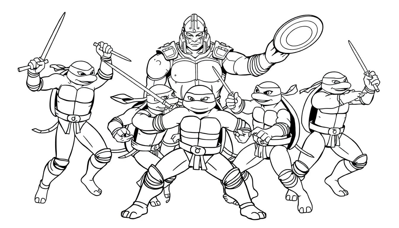 Eine Farbtafel der Teenage Mutant Ninja Turtles, die gegen Shredder kämpfen.