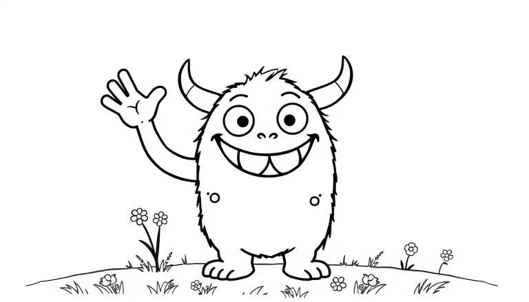 Eine Schwarz-Weiß-Farbtafel-Zeichnung eines freundlichen Comic-Monsters, das auf Gras steht und winkt.
