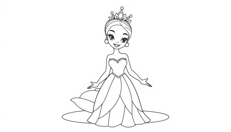 Eine stilisierte schwarz-weiße Farbtafel einer lächelnden Prinzessin mit Krone auf einer Seerose.